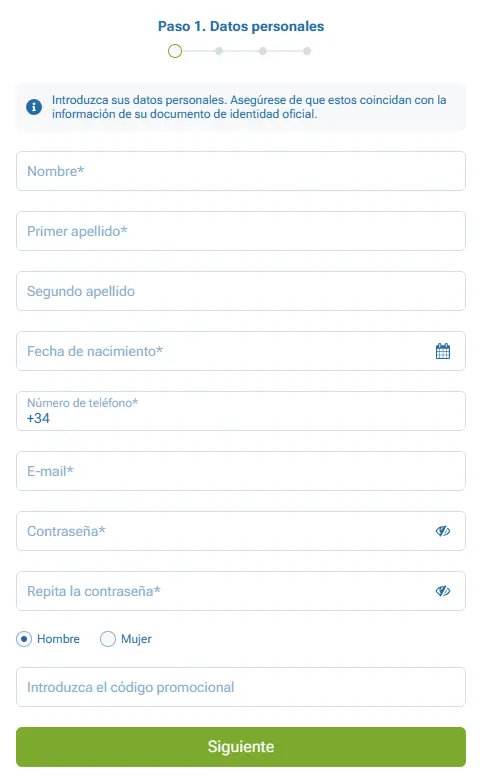 proceso de registro 1xbet
